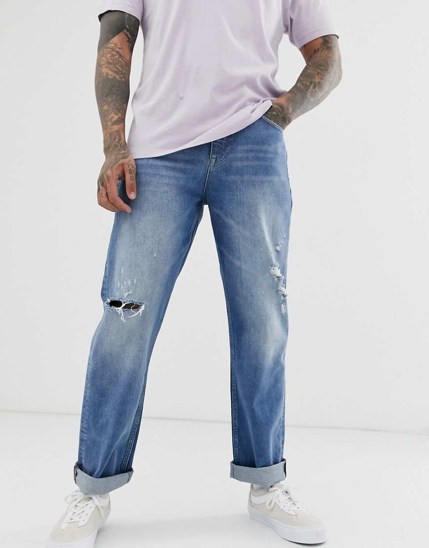 ASOS DESIGN straight fit jeans in vintage mid wash with abrasions-Blue