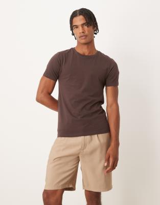 ASOS DESIGN straight fit linen look chino shorts in stone-Green