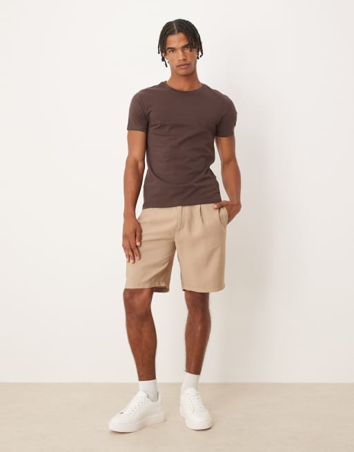 ASOS DESIGN straight fit linen look chino shorts in stone, 2 of 5