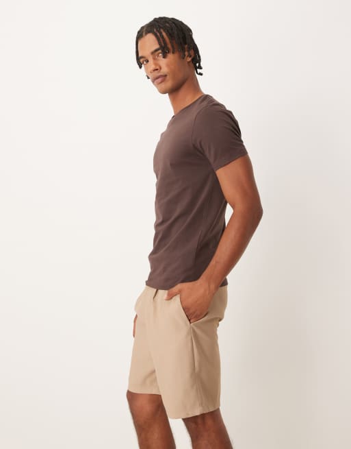 ASOS DESIGN straight fit linen look chino shorts in stone, 3 of 5