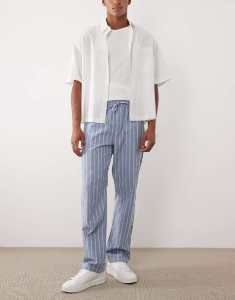 ASOS DESIGN straight fit trousers in textured blue stripe