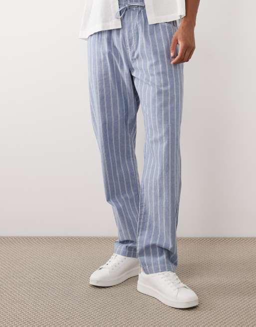 ASOS DESIGN straight fit trousers in textured blue stripe, 2 of 5
