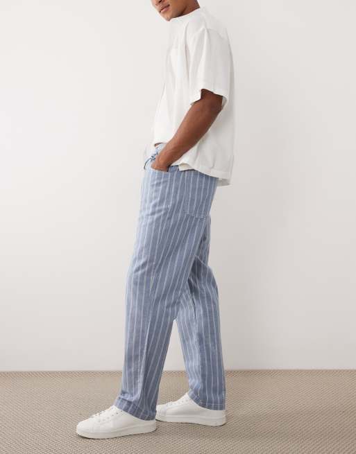 ASOS DESIGN straight fit trousers in textured blue stripe, 3 of 5