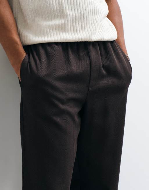 ASOS DESIGN straight herringbone pants in brown with elasticized waistband, 2 of 5