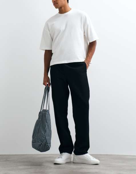 ASOS DESIGN straight herringbone trouser in black with elasticated waistband