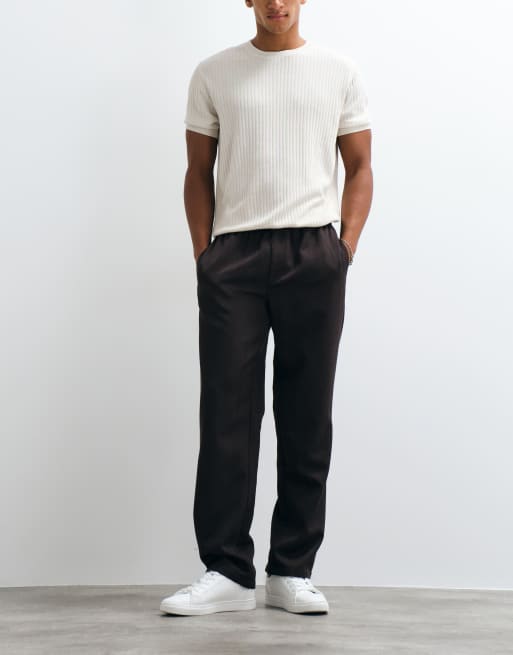 ASOS DESIGN straight herringbone trouser in brown with elasticated waistband, 4 of 5