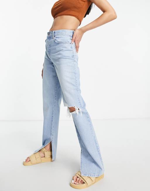 ASOS DESIGN straight jean in light wash with rip and split hem