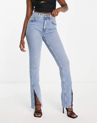 Asos Design Straight Jean With Split Hem In Light Blue In Blue