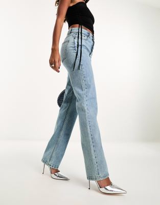 ASOS DESIGN - Straight Jeans in heller Vintage-Waschung mit mittelhohem Bund-Blau