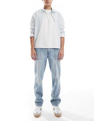 Asos Design Straight Jeans In Light Wash With Panel Details-blue