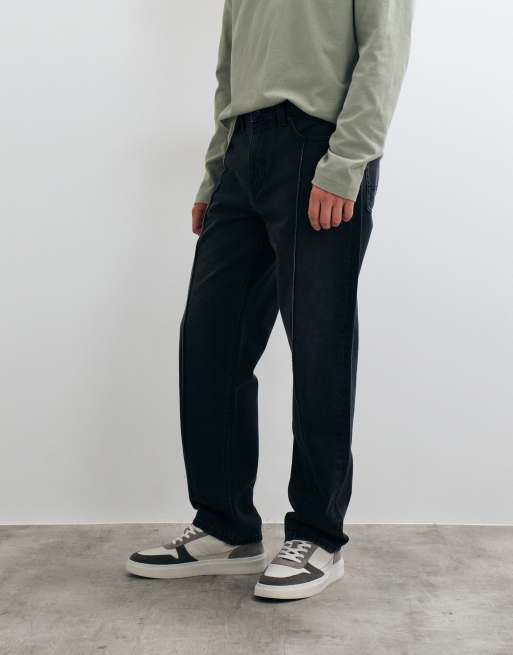 ASOS DESIGN straight jeans in washed black with pintucks, 4 of 5
