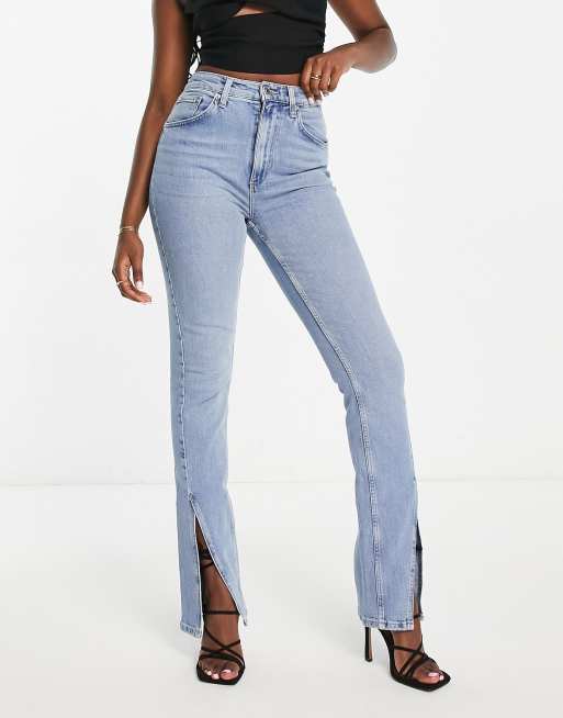 ASOS DESIGN straight jeans with split hem in light blue