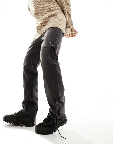 ASOS DESIGN straight jeans with tie details in Y2K washed black - view 1