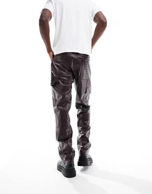 ASOS DESIGN straight leather look cargo pants with carpenter detail in burgundy, 3 of 4