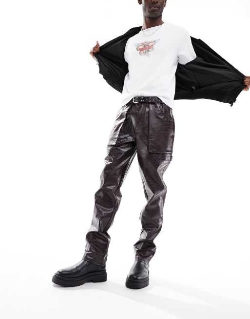 ASOS DESIGN straight leather look cargo pants with carpenter detail in burgundy, 4 of 4