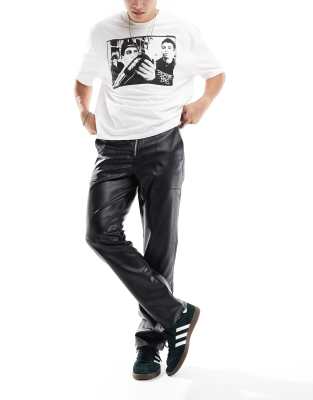 Asos Design Straight Leather Look Pants In Black With Front Zip Detail In Black