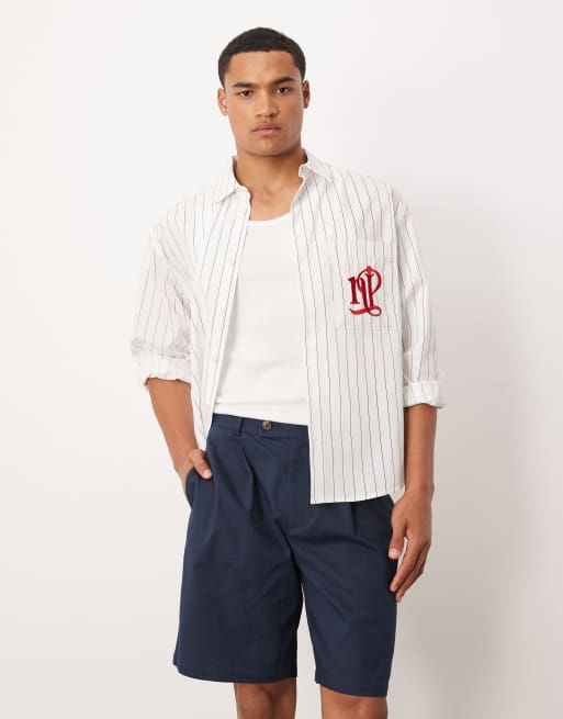 ASOS DESIGN straight leg chino short in navy linen look, 4 of 5