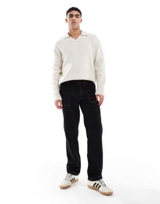 Asos Design Straight Leg Cord Pants With Contrast Stitch In Black