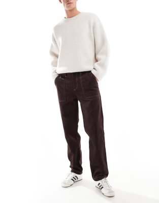 straight leg cord pants with contrast stitch in brown