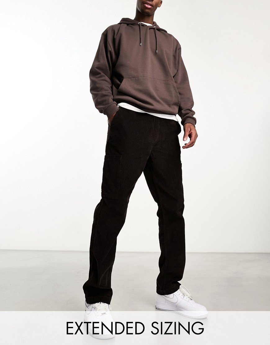 straight leg corduroy cargo pants in brown with elasticized waist