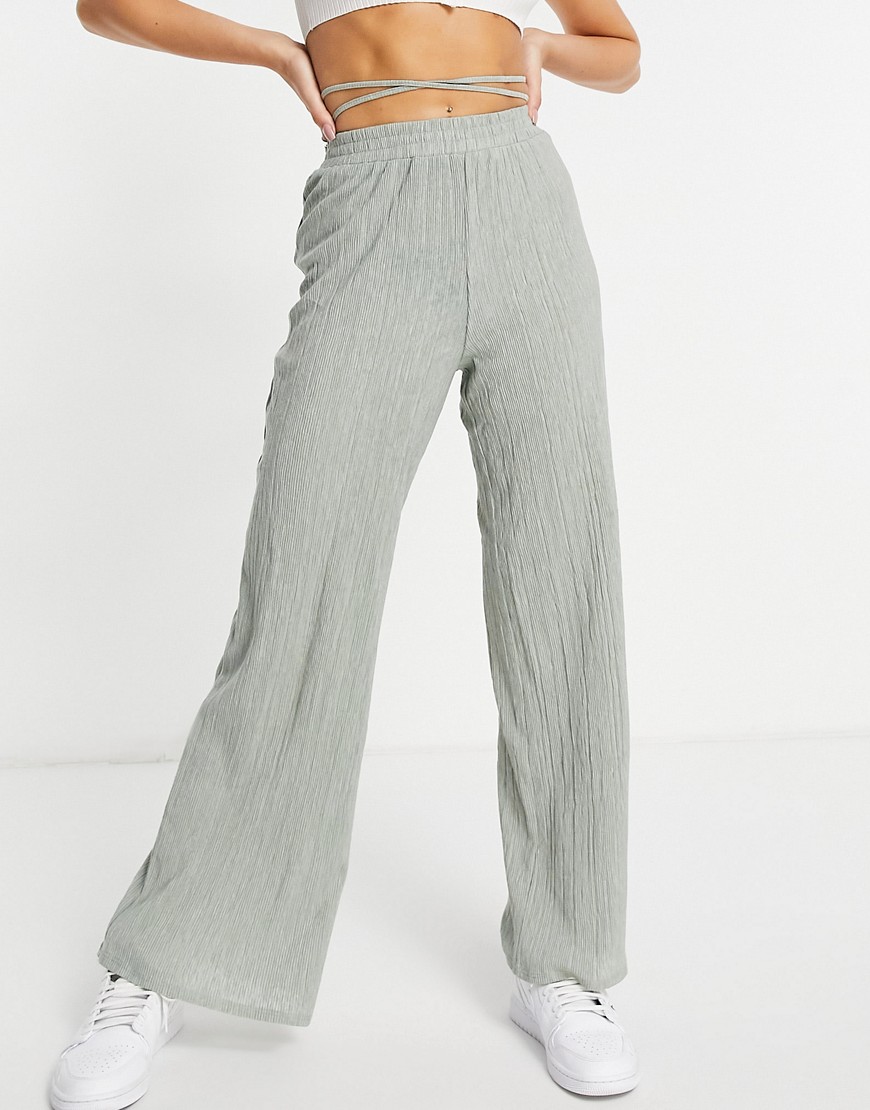 ASOS DESIGN straight leg crinkle pant with wrap tie waist in sage-Green