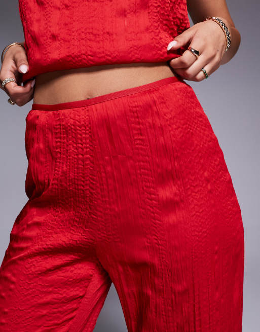 ASOS DESIGN straight leg crinkle satin pants with split in cherry red (part of a set), 2 of 4