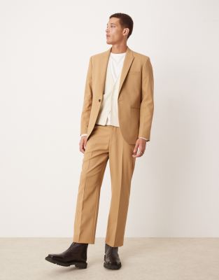 ASOS DESIGN straight leg crop length suit trousers in brown twill-Neutral