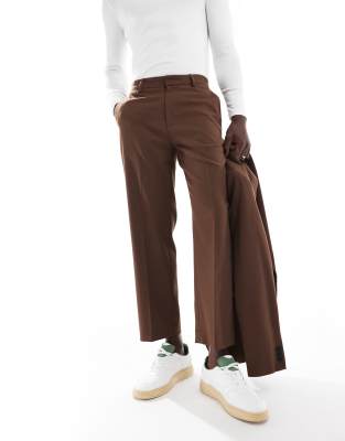 ASOS DESIGN straight leg crop length suit trousers in brown twill