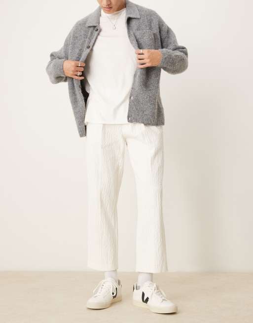 ASOS DESIGN straight leg cropped dress pants in white crinkled velvet