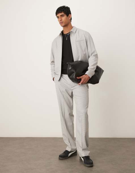 ASOS DESIGN straight leg dress pants in gray micro plaid with elastic waist - part of a set - view 1