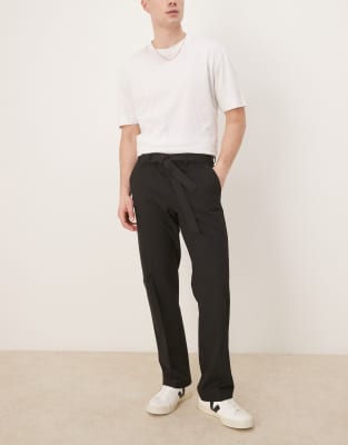 ASOS DESIGN straight leg dress pants with self fabric belt in black