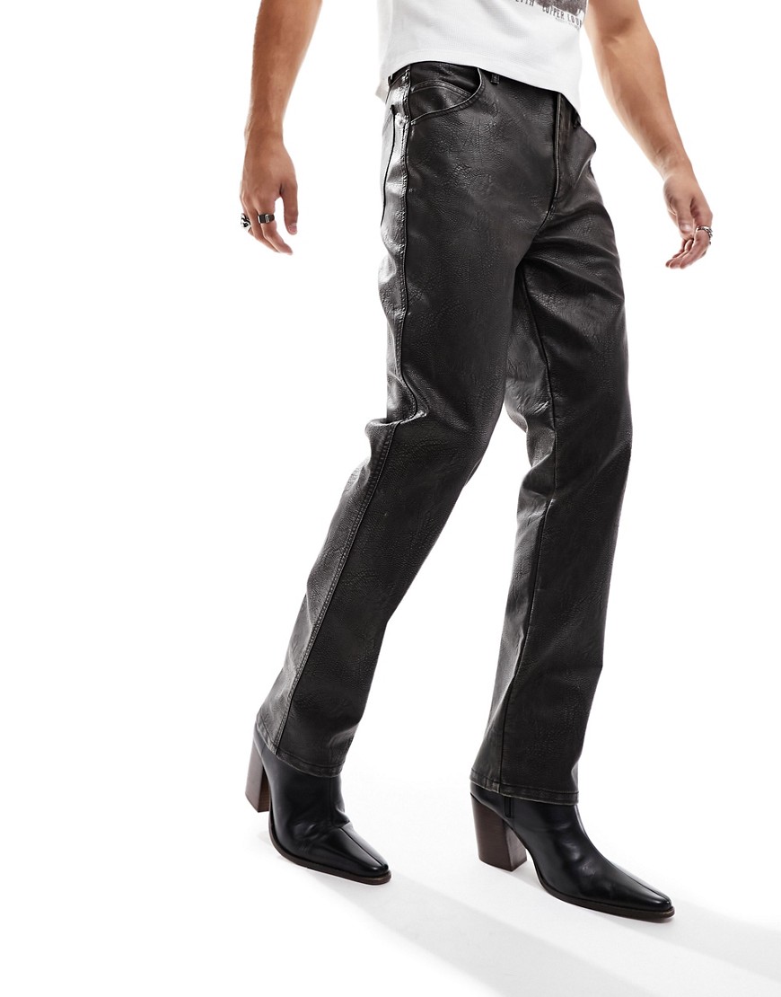 straight leg faux leather look pants in washed brown