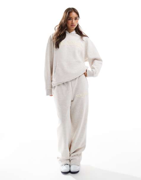 ASOS DESIGN straight leg hoodie and jogger co-ord with chenille New Jersey graphic in oatmeal marl - GREY - view 1