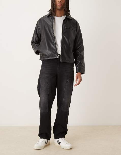 ASOS DESIGN straight leg jeans in black wash with carpenter details - view 1