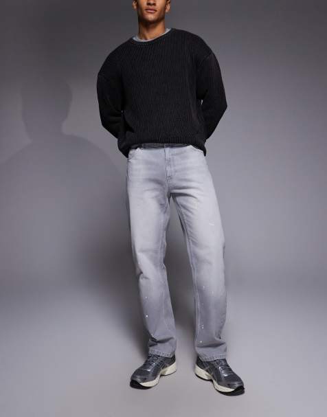 ASOS DESIGN straight leg jeans in grey wash with distressing detail