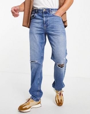 ASOS DESIGN straight leg jeans in vintage mid wash with knee rips - ASOS Price Checker