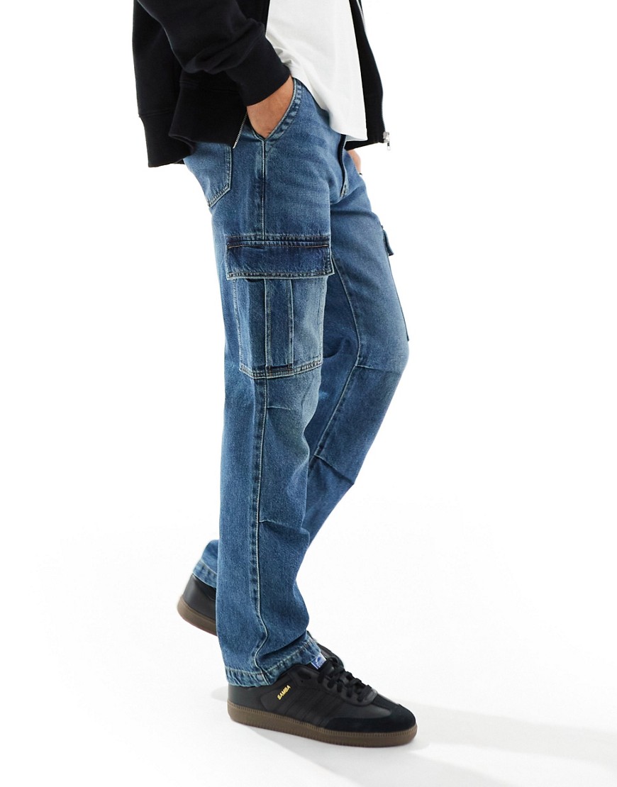 Asos Design Straight Leg Jeans With Cargo Detail In Dark Wash Blue