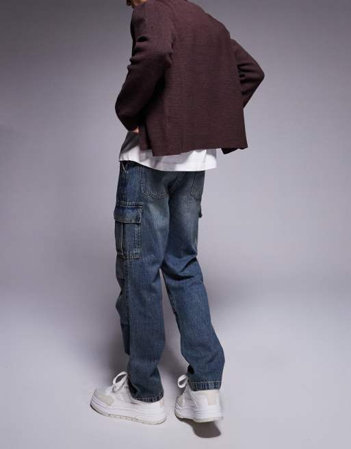 ASOS DESIGN straight leg jeans with cargo detail in mid wash blue, 2 of 5