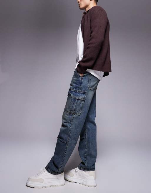 ASOS DESIGN straight leg jeans with cargo detail in mid wash blue, 3 of 5