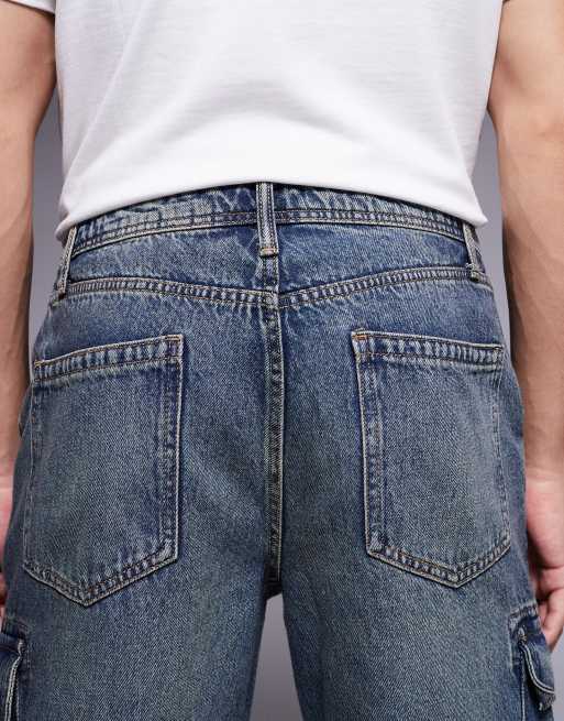 ASOS DESIGN straight leg jeans with cargo detail in mid wash blue, 4 of 5