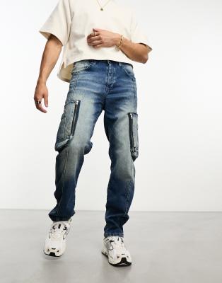 ASOS DESIGN straight leg jeans with cargo pockets in light wash blue - ASOS Price Checker