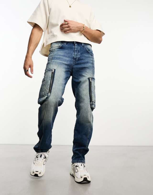 ASOS DESIGN straight leg jeans with cargo pockets in light wash blue