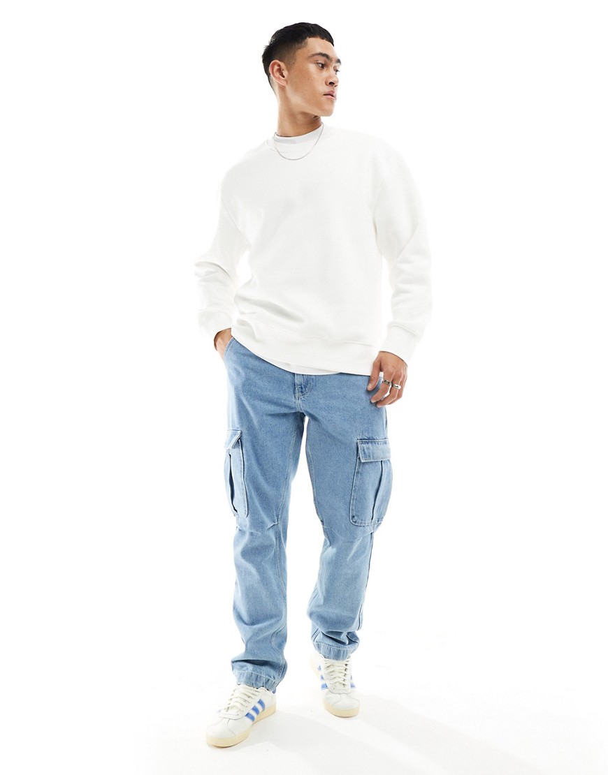Asos Design Straight Leg Jeans With Cargo Pockets In Mid Wash Blue