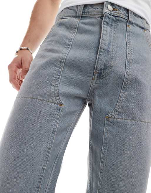 ASOS DESIGN straight leg jeans with carpenter detail in mid wash blue, 2 of 5