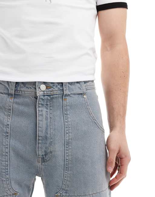 ASOS DESIGN straight leg jeans with carpenter detail in mid wash blue, 4 of 5