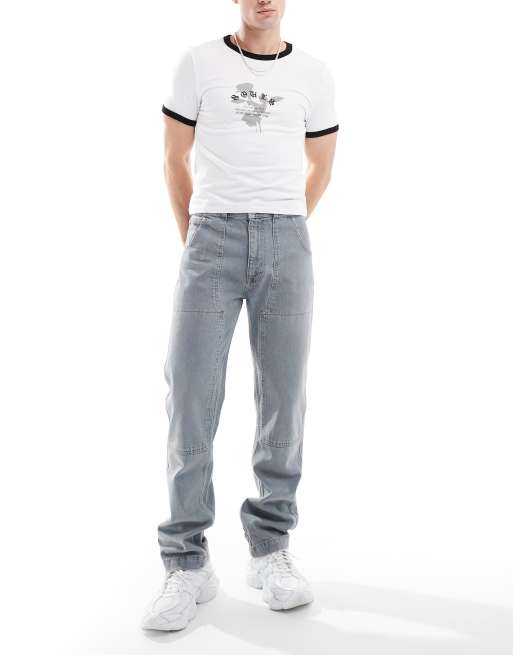 ASOS DESIGN straight leg jeans with carpenter detail in mid wash blue, 5 of 5