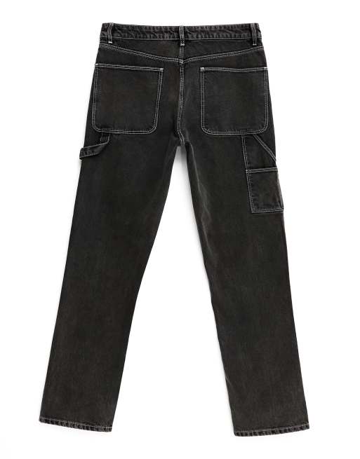 ASOS DESIGN straight leg jeans with carpenter detailing in black wash, 2 of 7