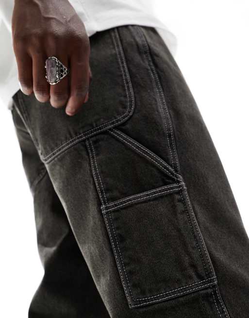 ASOS DESIGN straight leg jeans with carpenter detailing in black wash, 3 of 7