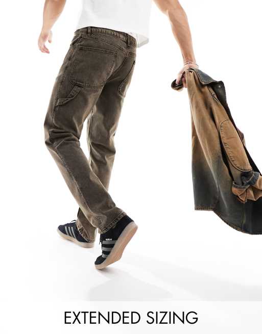 ASOS DESIGN straight leg jeans with carpenter detailing in off brown wash 
