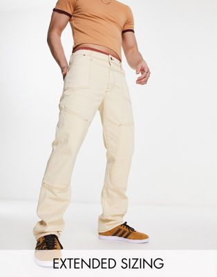 ASOS DESIGN straight leg jeans with carpenter panels in ecru-White
